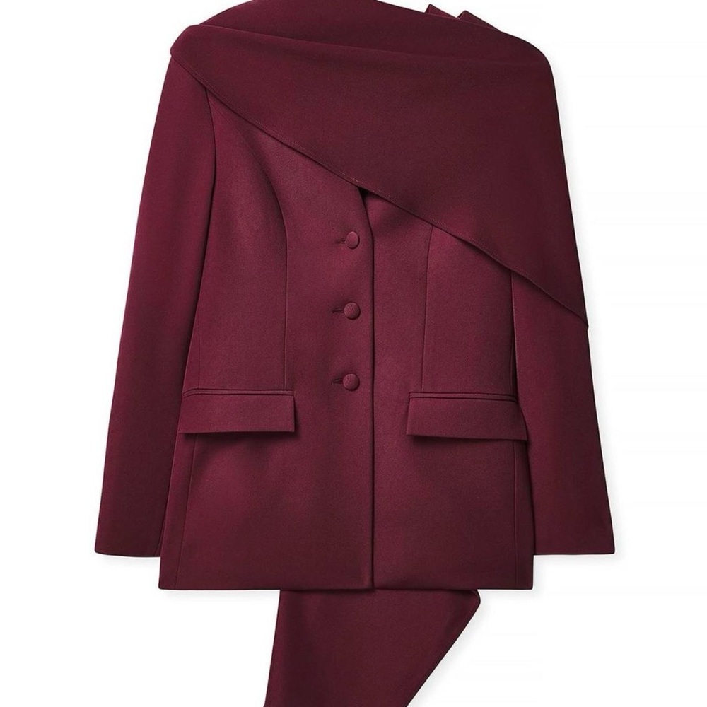 Elegant Burgundy Blazer with Asymmetrical Scarf